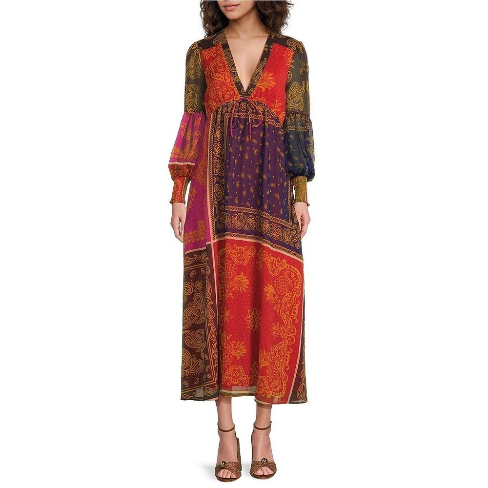 Chelsea & Violet Boho Patchwork Paisley Maxi Dress V-Neck Long Balloon Sleeve
